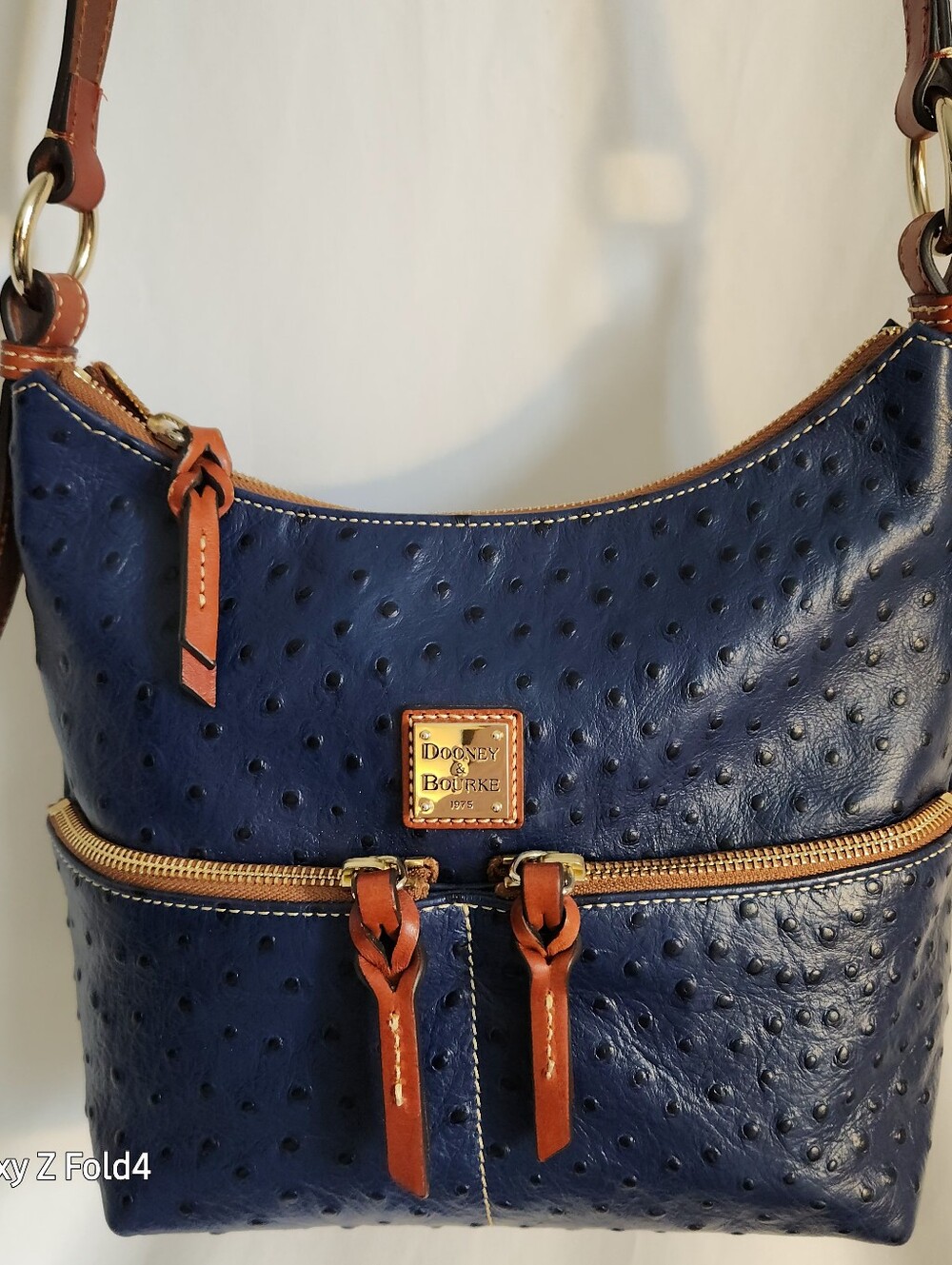 Dooney & Bourke Navy Ostrich-Embossed Leather Shoulder Bag with Brown Trim